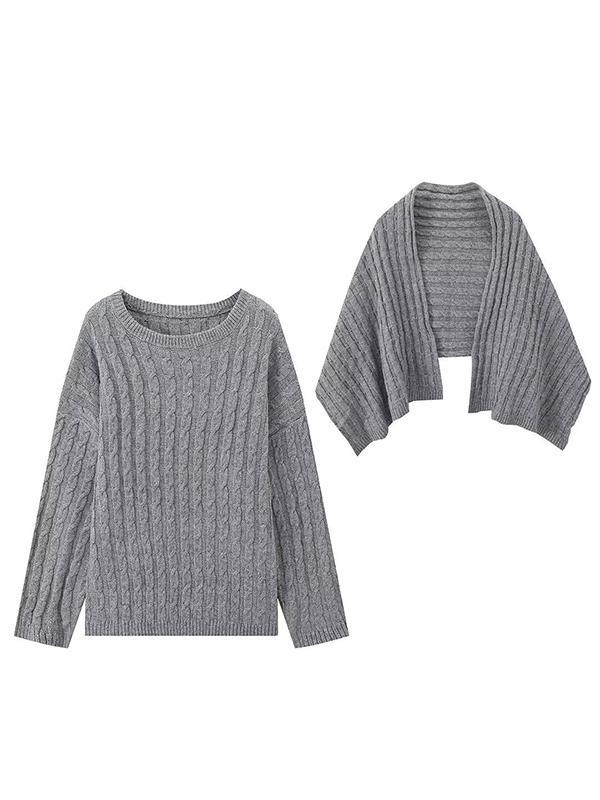 Long Sleeves Loose Solid Color Split-Joint Round-Neck Sweater Tops + Scarf Two Pieces Product Image