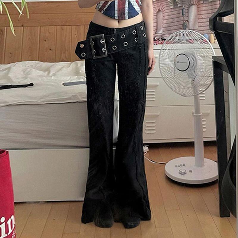 Low Waist Belt Accent Plain Straight-Fit Wide-Leg Jeans Product Image