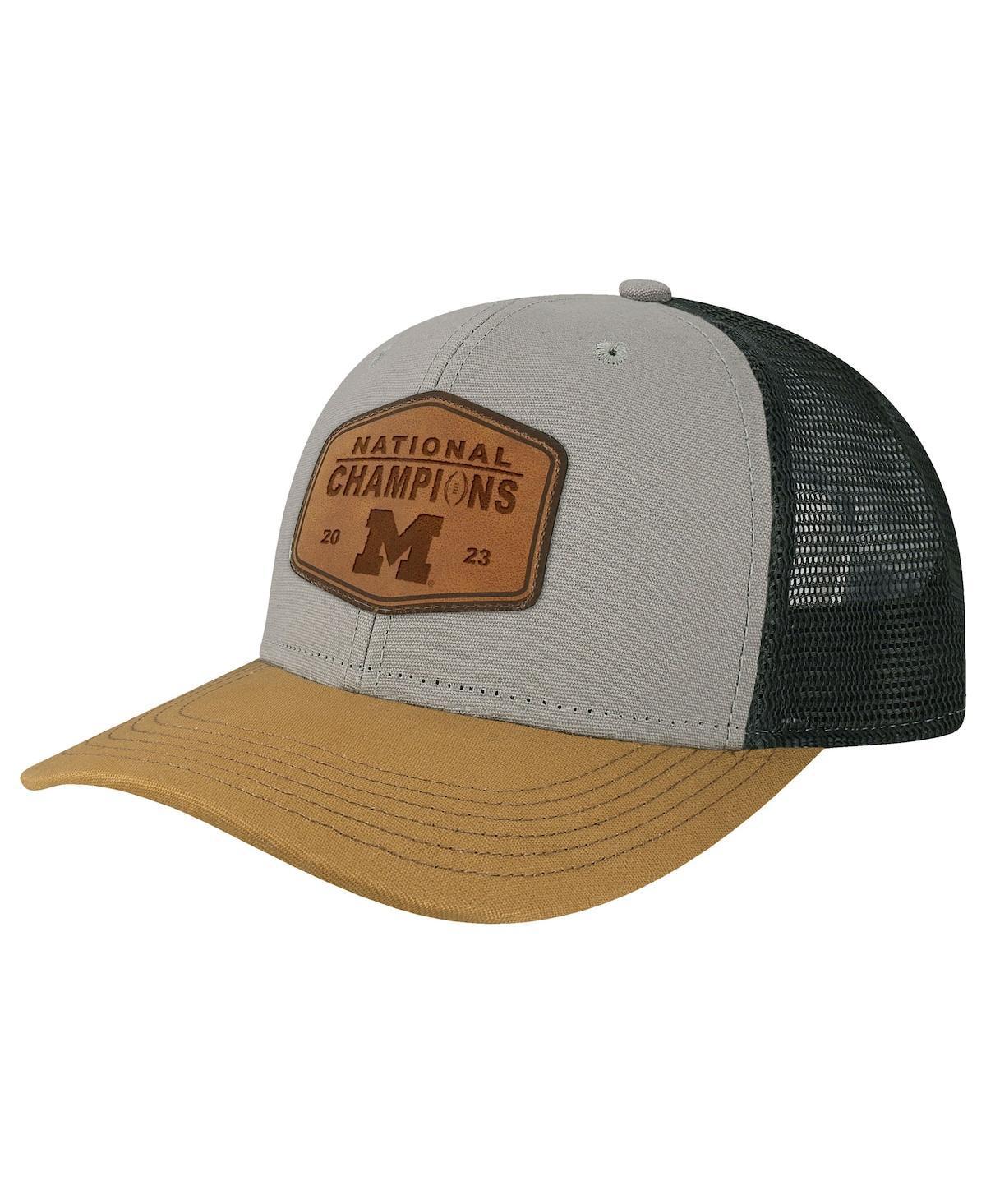 Mens Legacy Athletic Heather Gray Michigan Wolverines College Football Playoff 2023 National Champions Mid-Pro Leather Trucker Adjustable Hat - Product Image