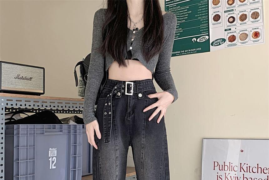 High Waist Washed Loose Fit Jeans (Various Designs) Product Image