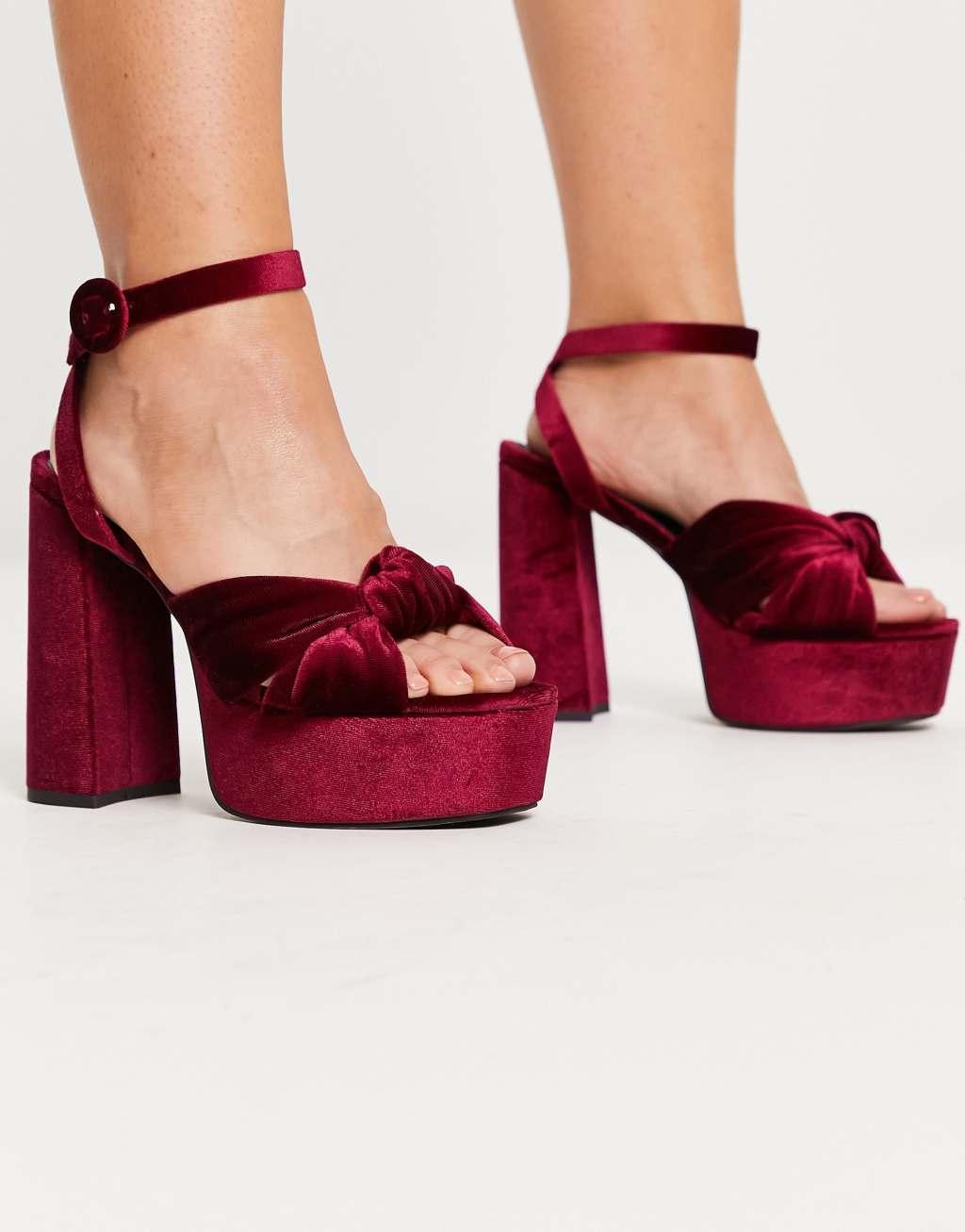 ASOS DESIGN Wide Fit Natia knotted platform heeled sandals in burgundy Product Image