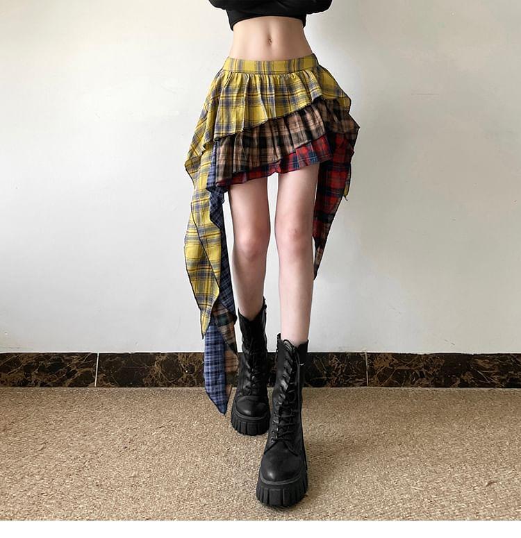 Mid Rise Plaid Asymmetrical Mini A-Line Skirt Product Image