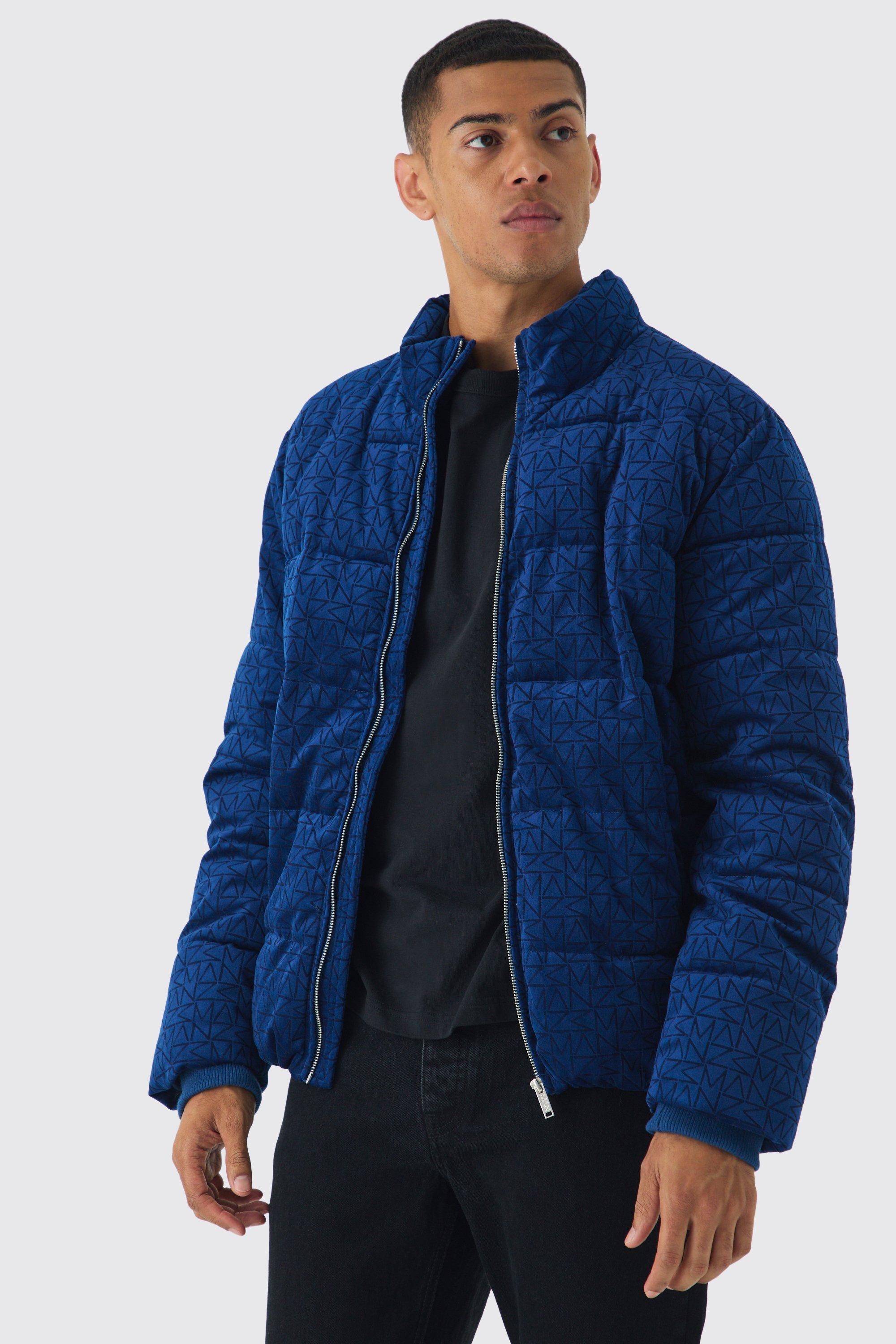 Mens Man Printed Velour Funnel Neck Puffer In Navy, Navy Product Image