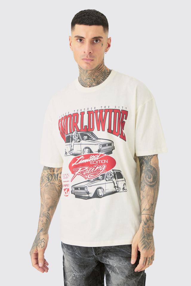 Mens Cream Tall Oversized Car Graphic T-shirt, Cream Product Image