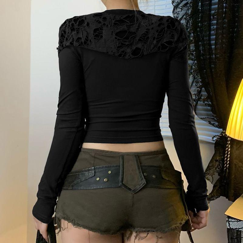 Long Sleeve Cut-Out Distressed Slim-Fit Crop Top Product Image