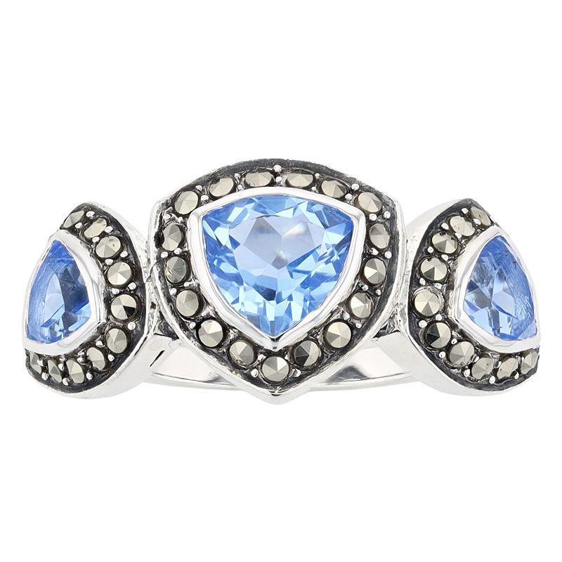 Lavish by TJM Sterling Silver Trillion Cut Lab Created Blue Quartz & Marcasite Ring, Womens Product Image