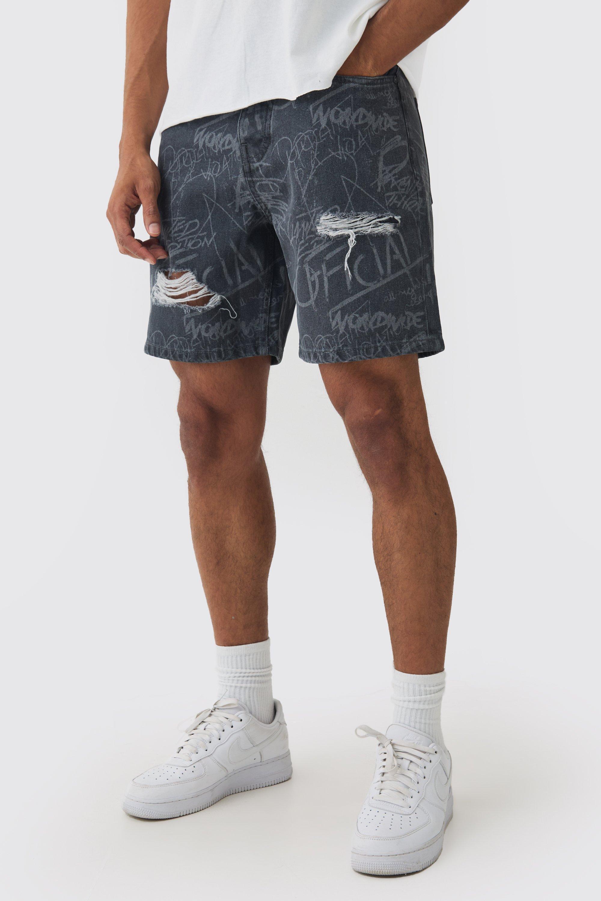 Relaxed Rigid All Over Print Ripped Denim Shorts In Mid Grey | boohooMAN USA Product Image