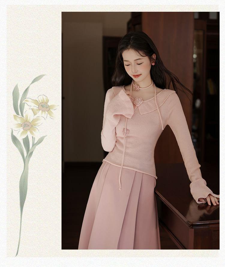 Set: Long-Sleeve Collared Plain Top + High Waist Midi A-Line Skirt Product Image