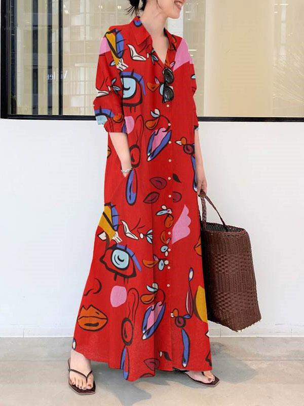 Long Sleeves Loose Buttoned Pockets Printed Lapel Maxi Dresses Shirt Dress Product Image