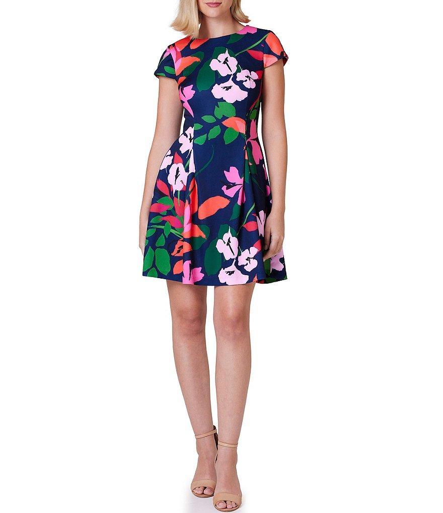 Jessica Howard Petite Size Cap Sleeve Crew Neck Floral Scuba Dress Product Image