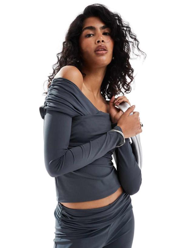 ASOS DESIGN fold over bardot top in slate gray - part of a set Product Image