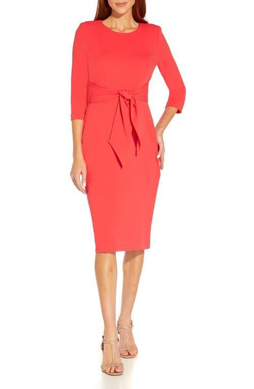 Adrianna Papell Stretch Crepe Crew Neck Tie Waist 34 Sleeve Midi Sheath Dress -  4 Product Image