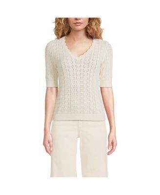 Womens Lands End Heirloom Pointelle Elbow Sleeve V-Neck Sweater Product Image