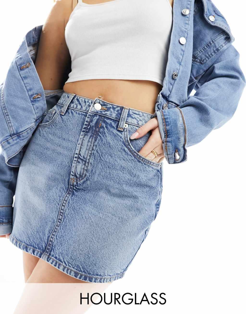 ASOS DESIGN Hourglass denim high waist mini skirt in midwash blue Product Image