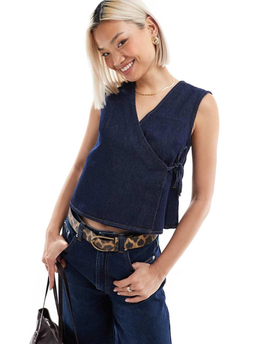 ASOS DESIGN denim wrap top in indigo product image