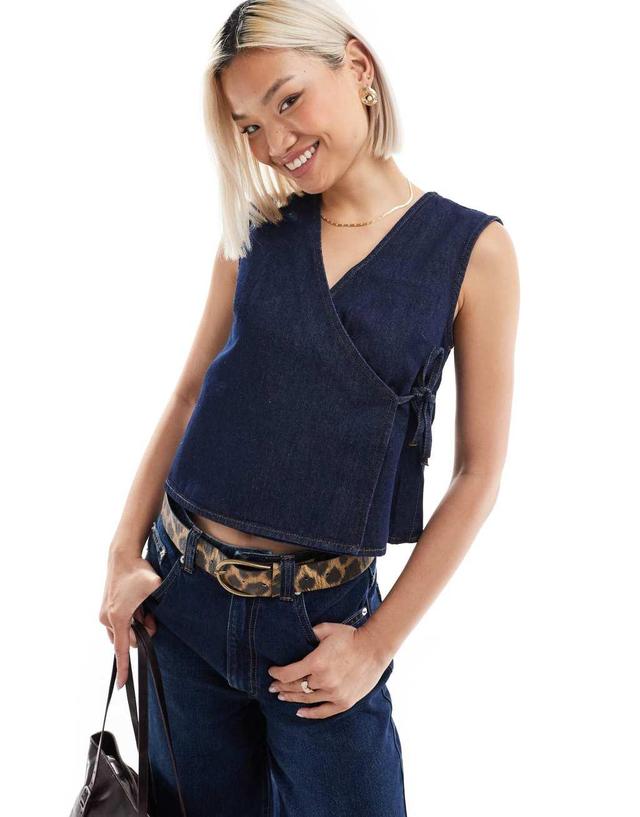 ASOS DESIGN denim wrap top in indigo Product Image