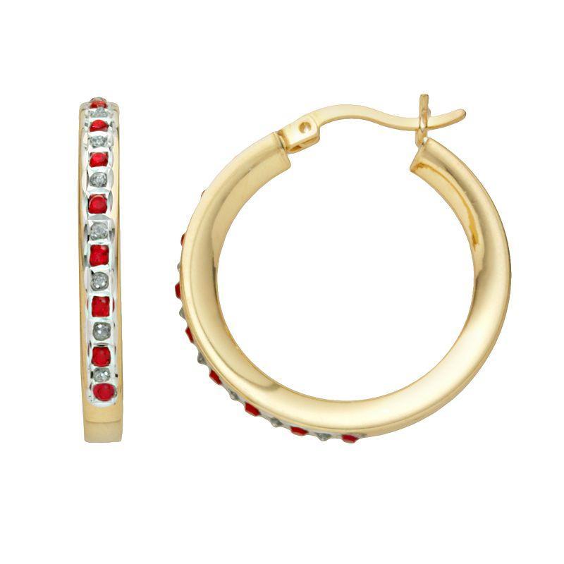 18k Gold-Over-Silver Ruby and Diamond Accent Hoop Earrings, Womens, Red Product Image