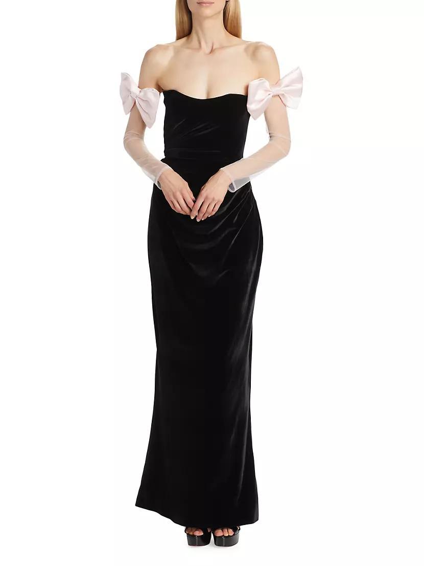 Olivia Bow Velvet Off-the-Shoulder Column Gown Product Image