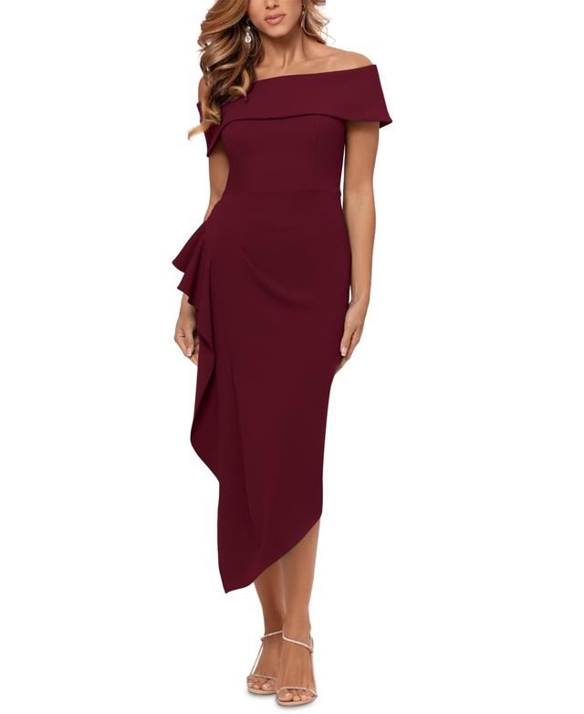 Betsy  Adam Off-the-Shoulder Short Sleeve Stretch Crepe Drape Front Sheath Midi Dress Product Image