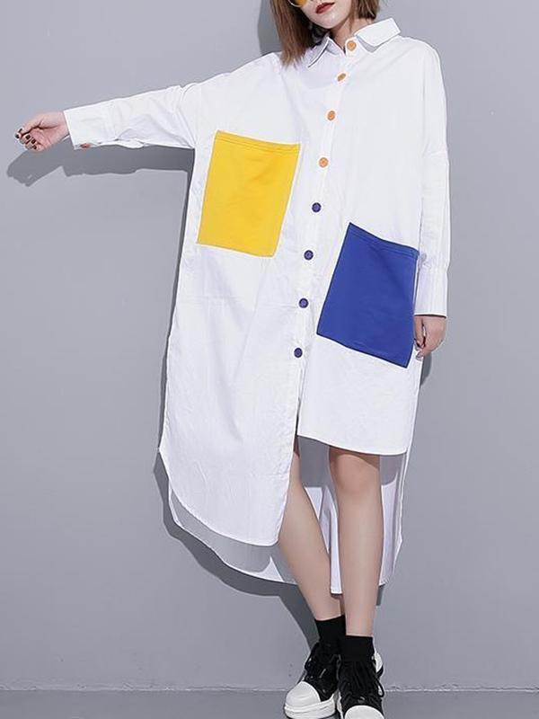 Long Sleeves Loose Asymmetric Buttoned Contrast Color Pockets Lapel Midi Dresses Shirt Dress Product Image