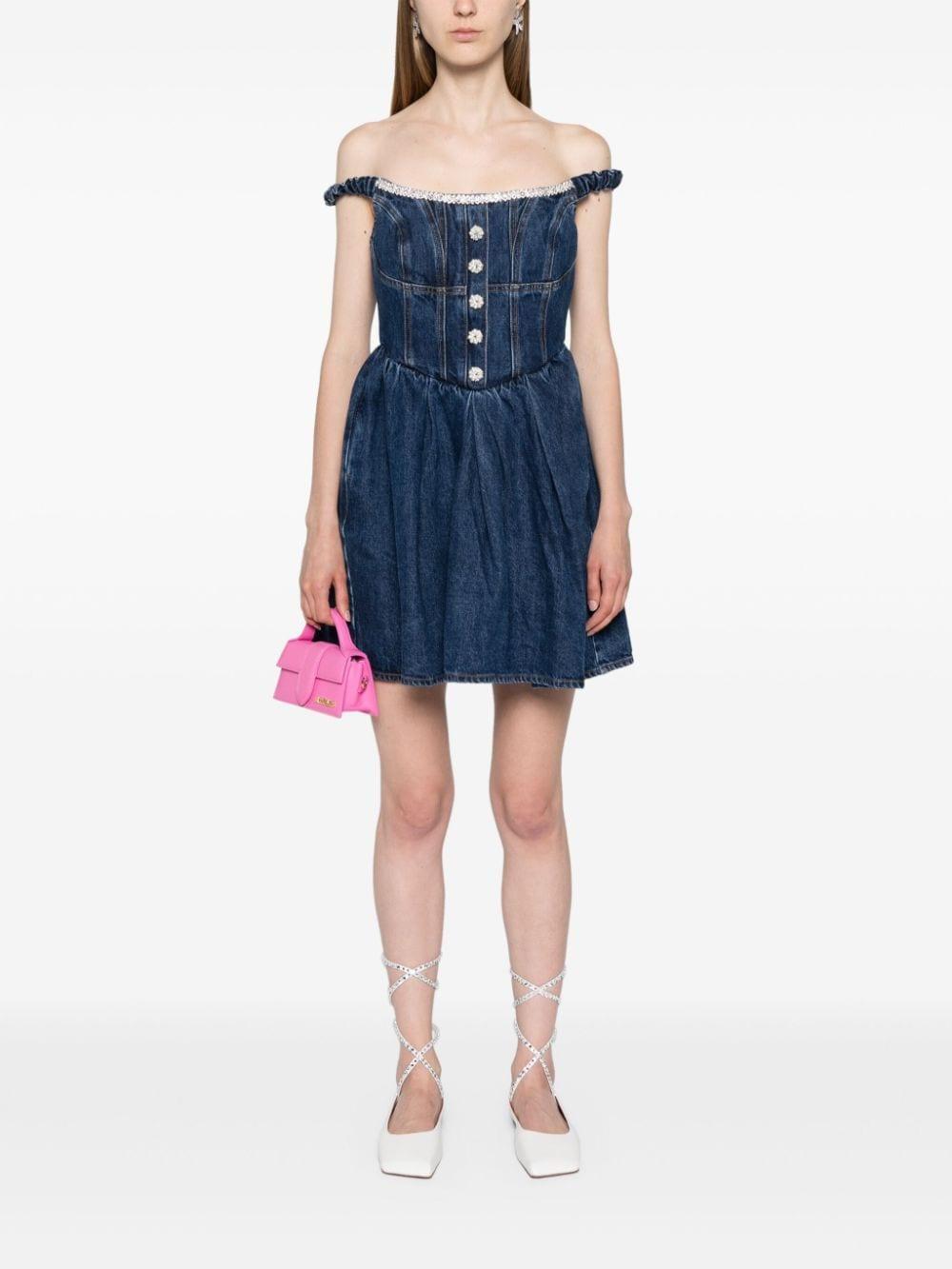 Crystal-embellished Denim Mini Dress In Blue Product Image