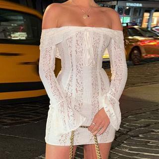 Off-Shoulder Long Sleeve Lace Panel Bodycon Mini Dress Product Image