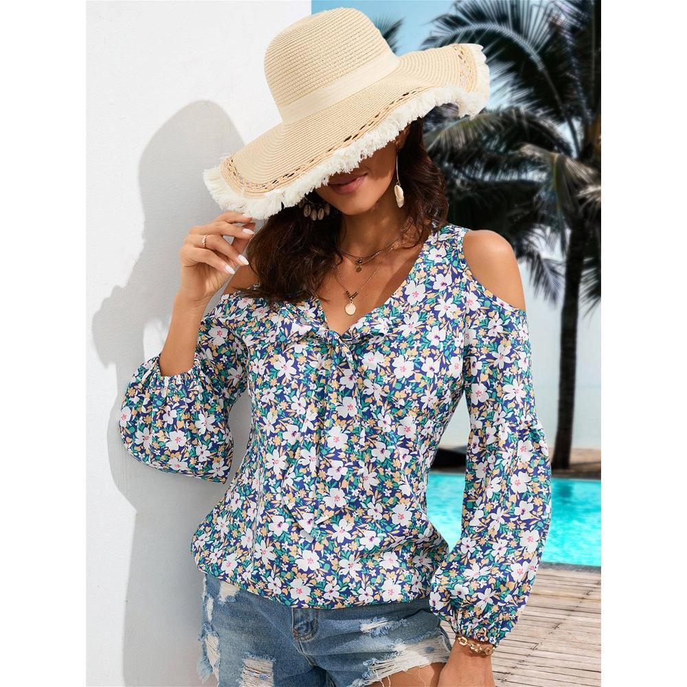 Womens Summer Tops Cold Shoulder Blouse Front Tie V Neck Tops Casual Boho Floral Tunic Blouse, Summer Beachwear, Vacation Outfits - Blue-Green ,2XL Product Image