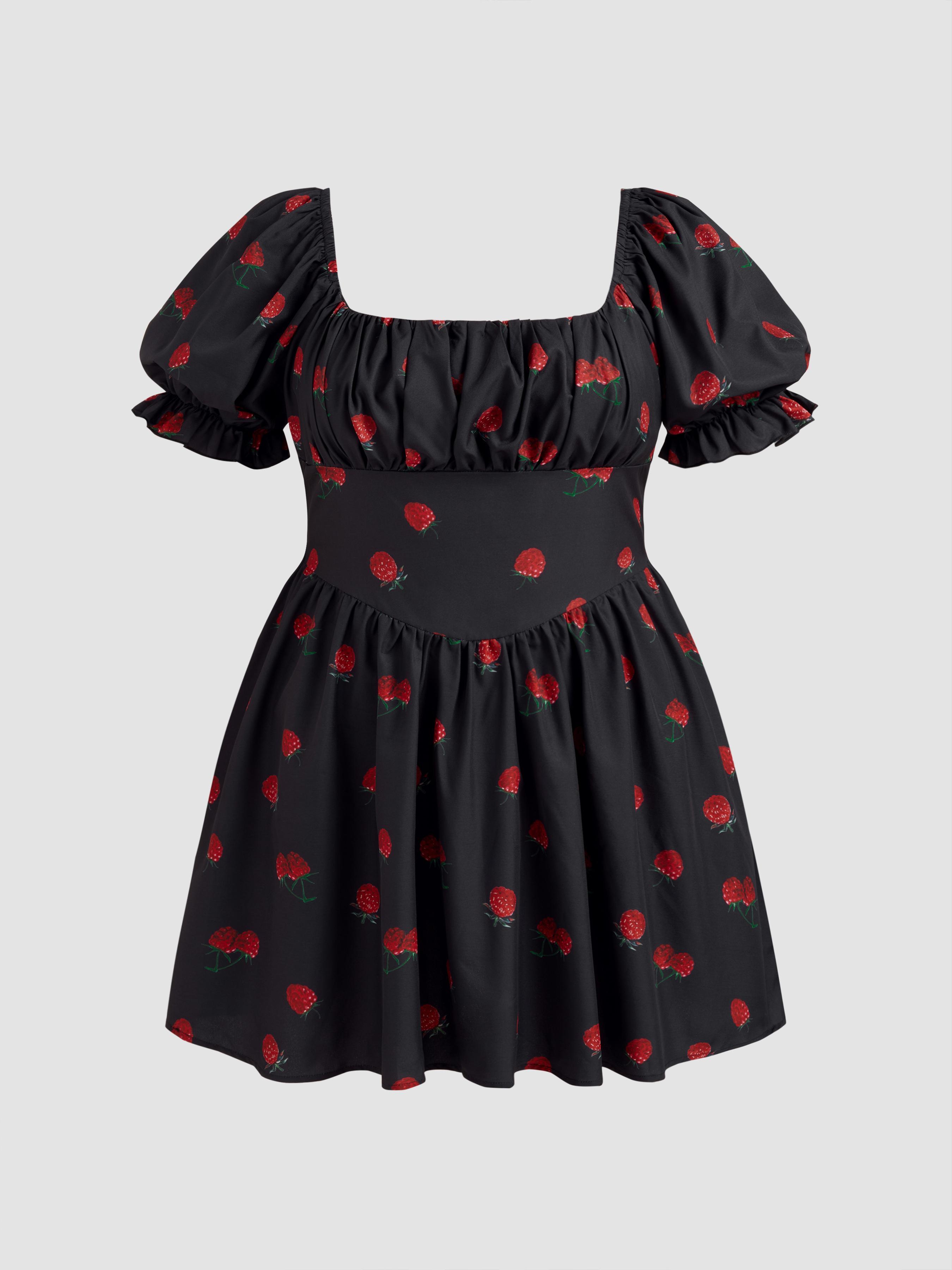 Woven Square Neck Strawberry Graphic Puff Sleeve Ruffle Mini Dress Curve & Plus Product Image