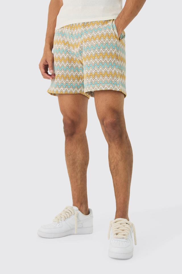 Mens Multi Elasticated Waist Zig Zag Crochet Shorts, Multi Product Image