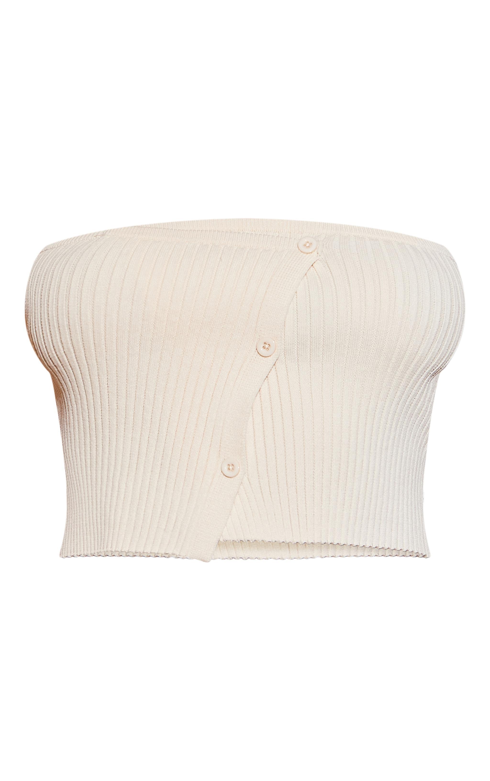 Oatmeal Rib Knit Asymmetric Button Up Bandeau Product Image