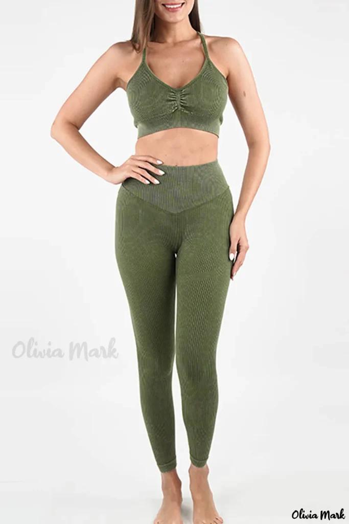 Olivia Mark – Seamless Ribbed Sports Set in Moss Green with Spaghetti Straps Bra and Leggings product image