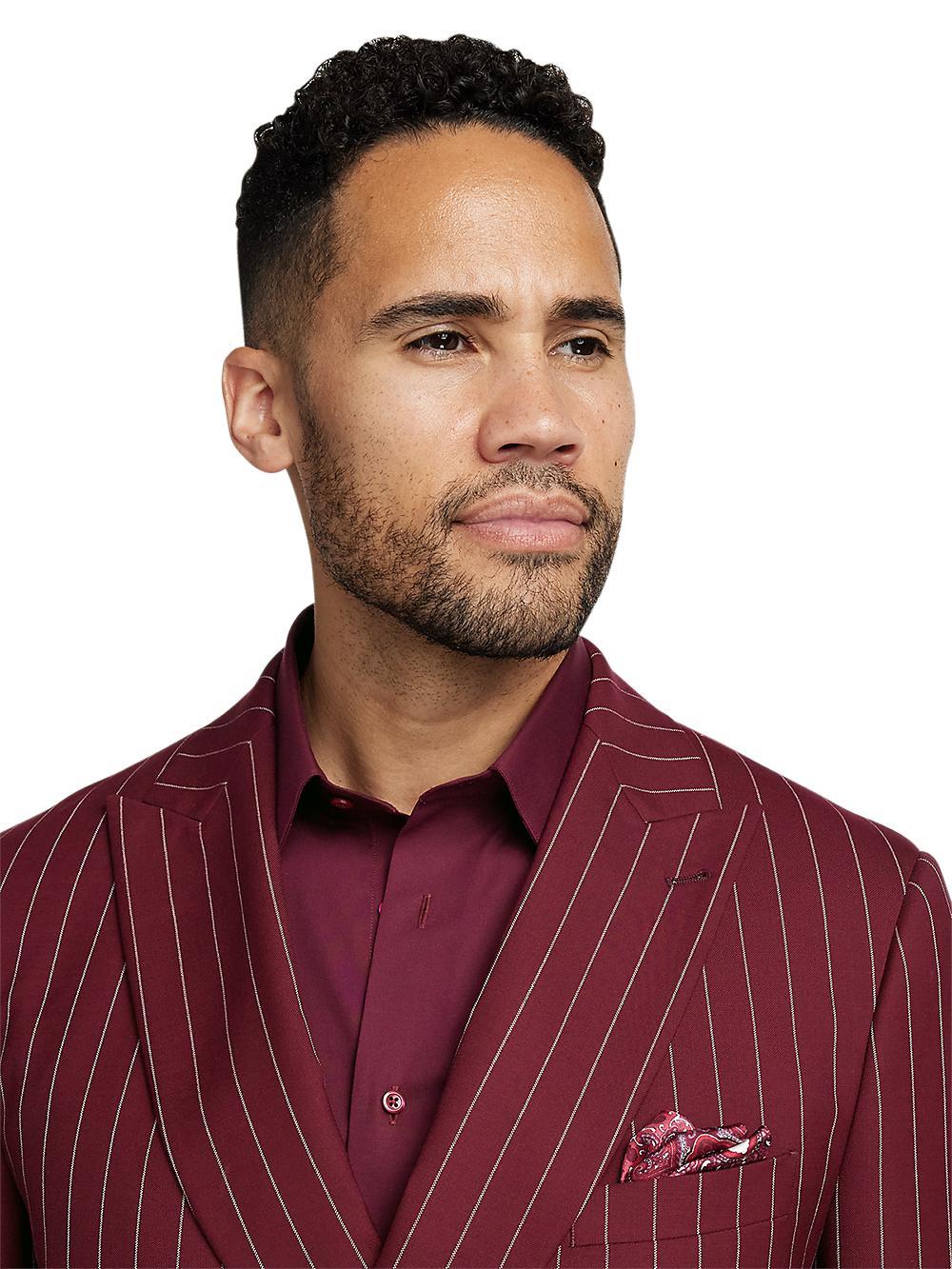 Wool Stretch Stripe Double Breasted Peak Lapel Suit - Burgundy Product Image