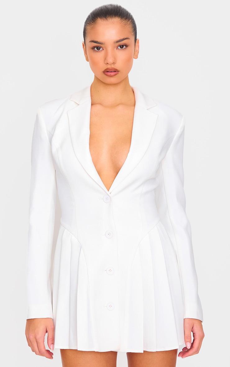 White Pleated Blazer Mini Dress Product Image