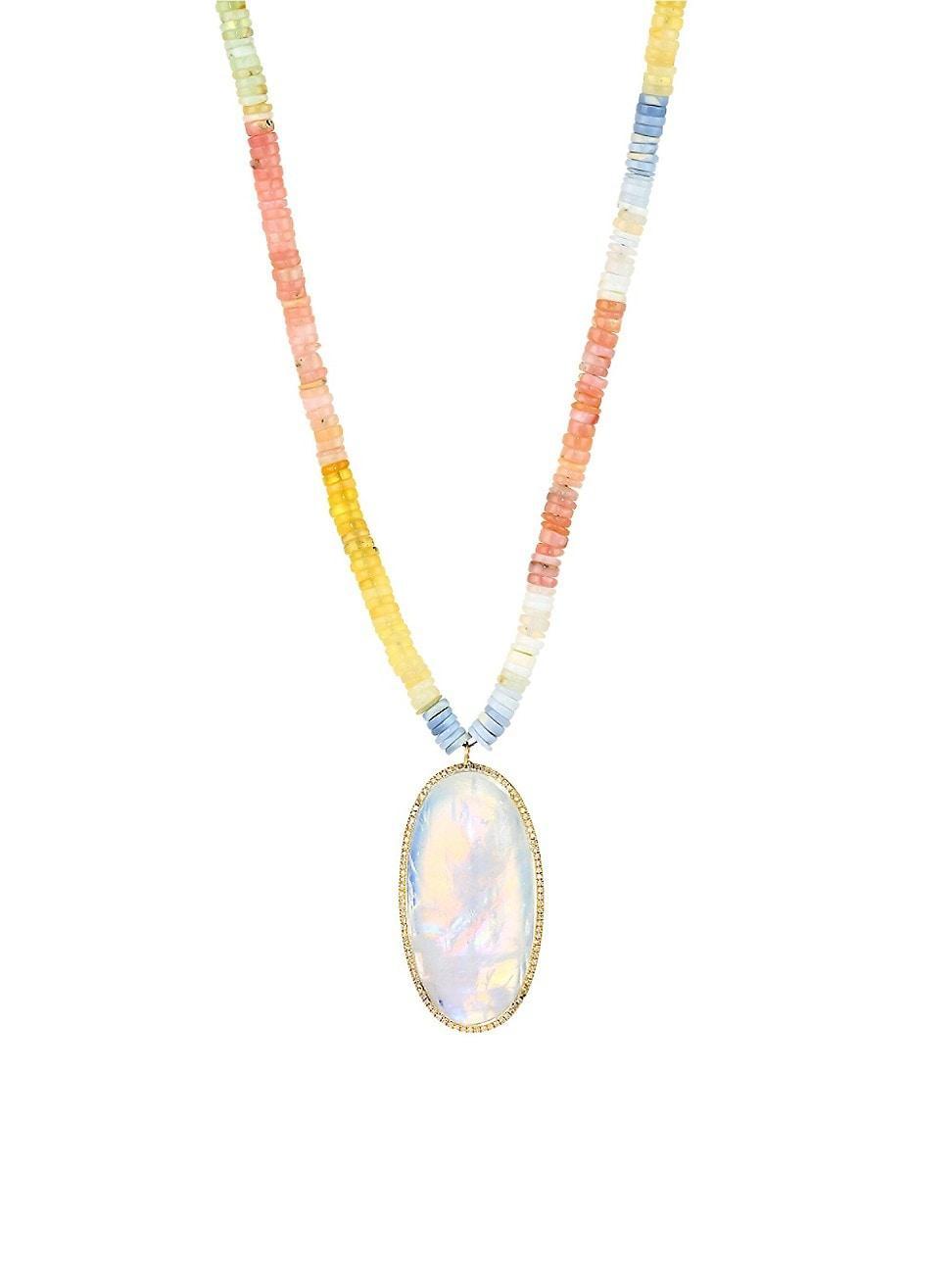 Womens 14K Gold, Rainbow Moonstone, Opal & Diamond Pendant Necklace Product Image