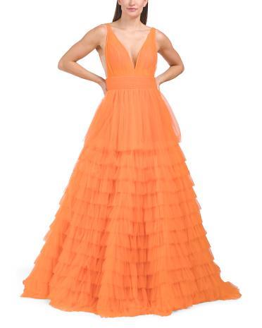 V-neck Ruffle Tulle Gown for Women Product Image