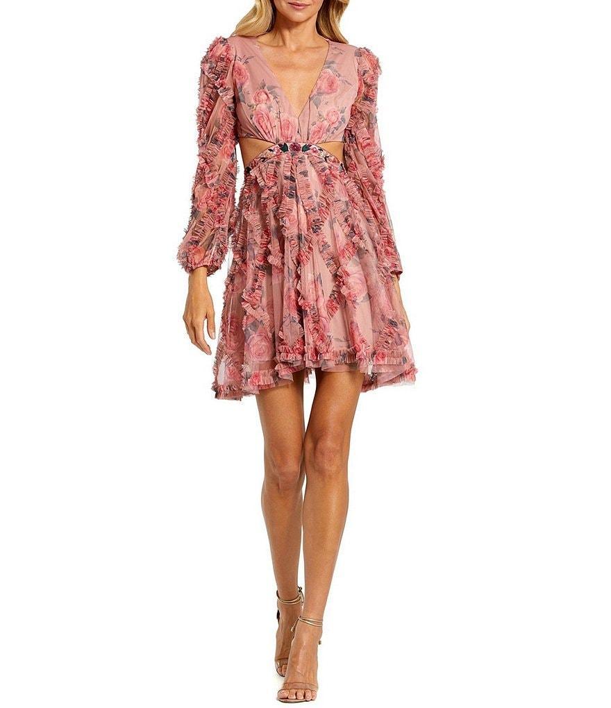 Mac Duggal Floral Chiffon V-Neck Long Puff Sleeve Side Cut-Out Ruffle Mini Dress Product Image