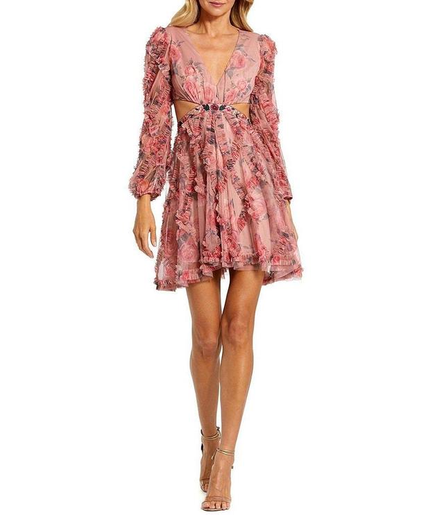 Mac Duggal Floral Chiffon V-Neck Long Puff Sleeve Side Cut-Out Ruffle Mini Dress Product Image