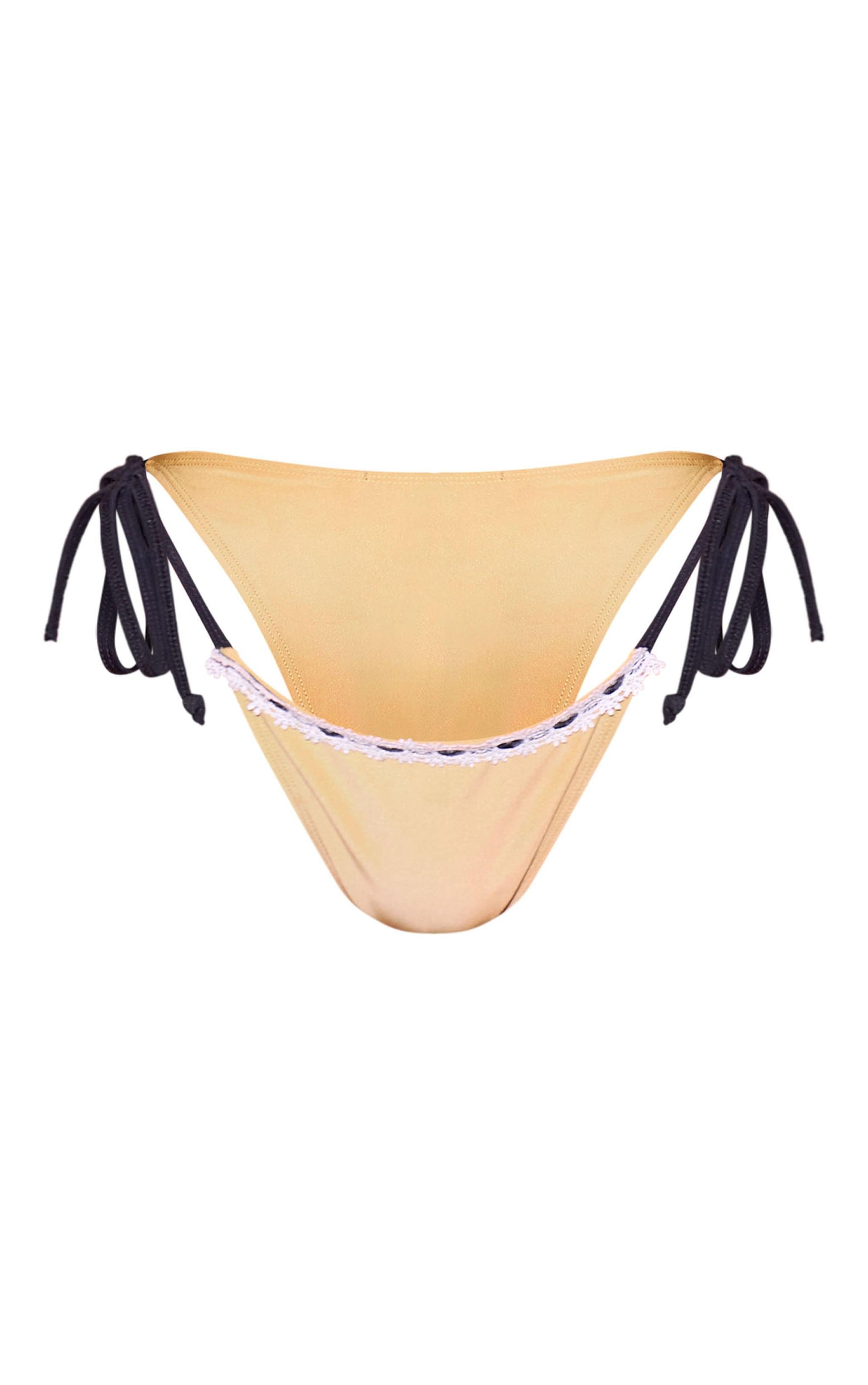 Khaki Contrast Lace Edge Tie Side Bikini Bottoms Product Image