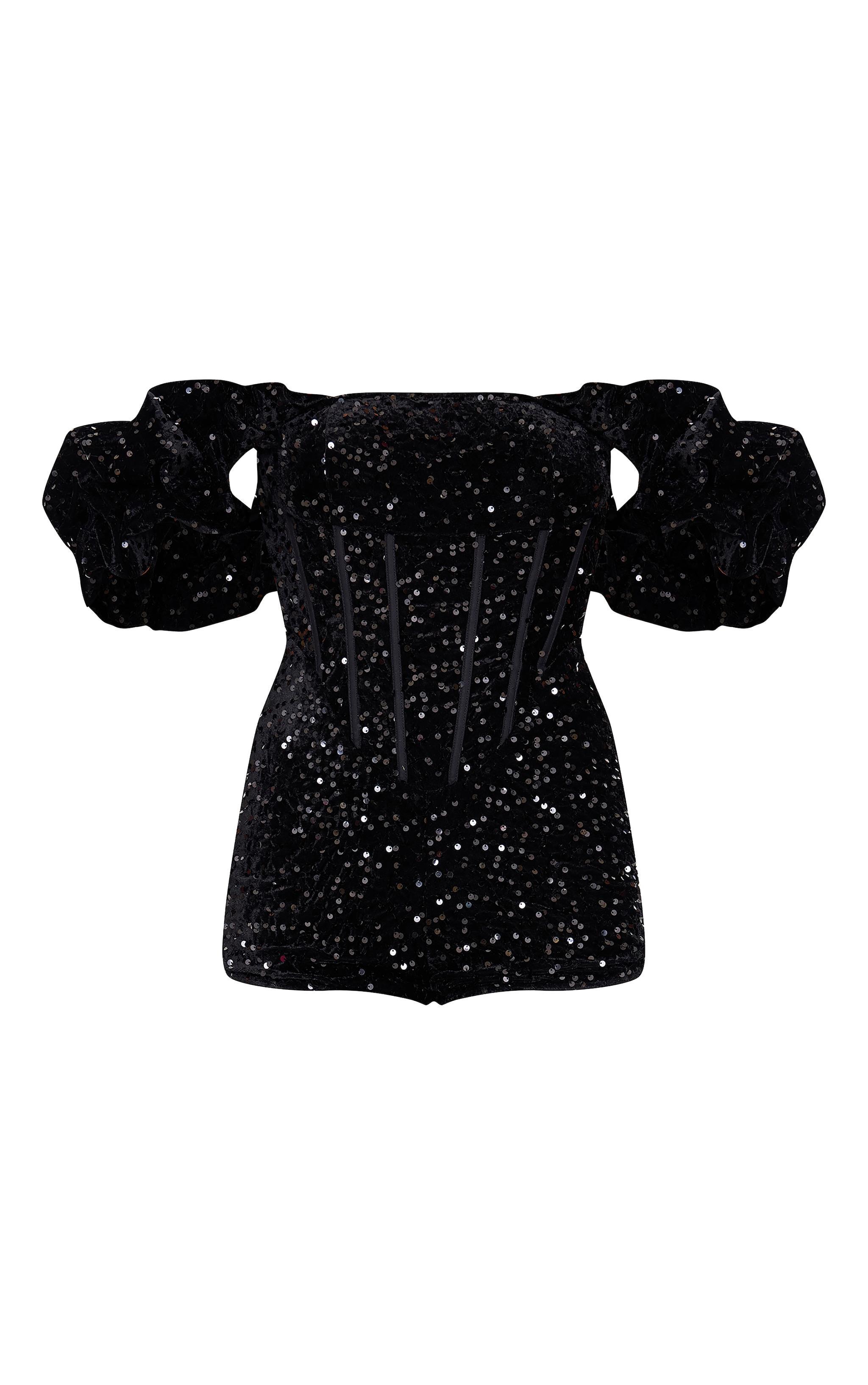 Black Velvet Sequin Puff Sleeve Romper Product Image