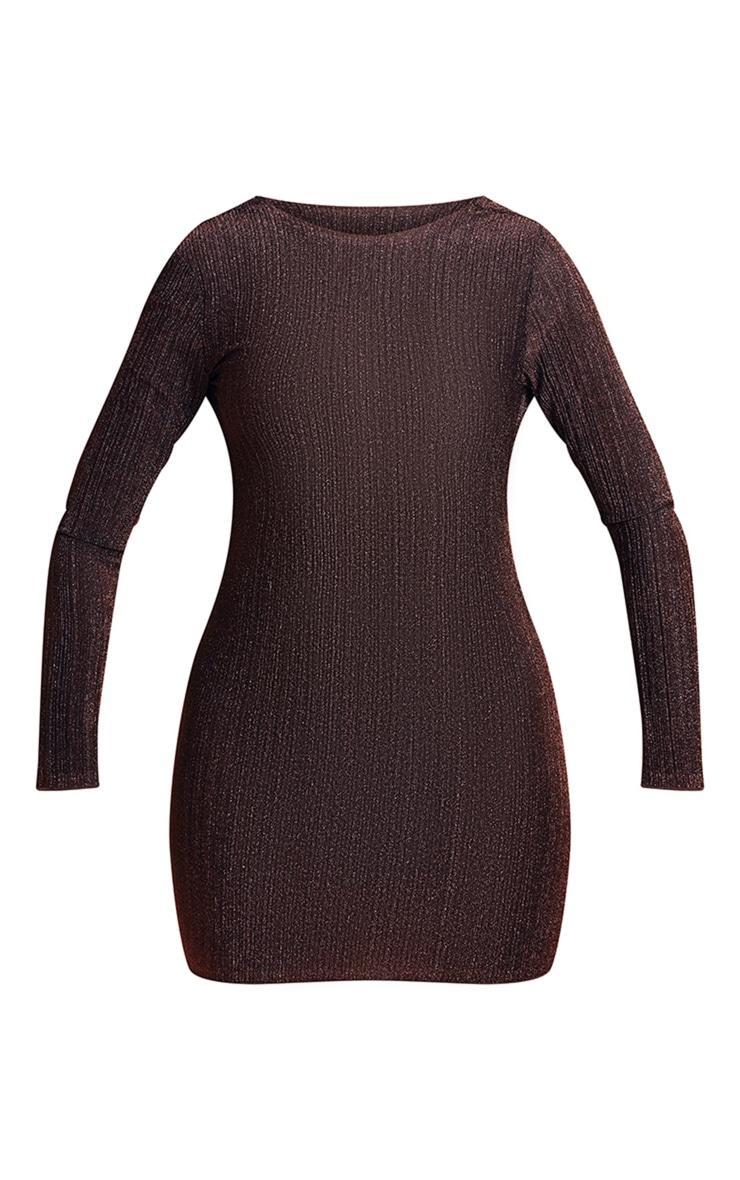 Chocolate Glitter Plisse Cowl Low Back Long Sleeve Bodycon Dress Product Image