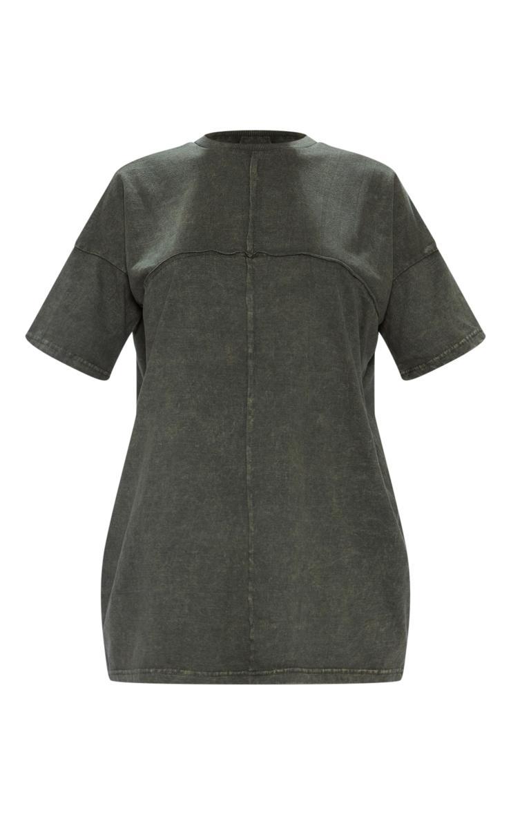 Khaki Acid Wash Long Sleeve Exposed Seam T Shirt Dress Product Image