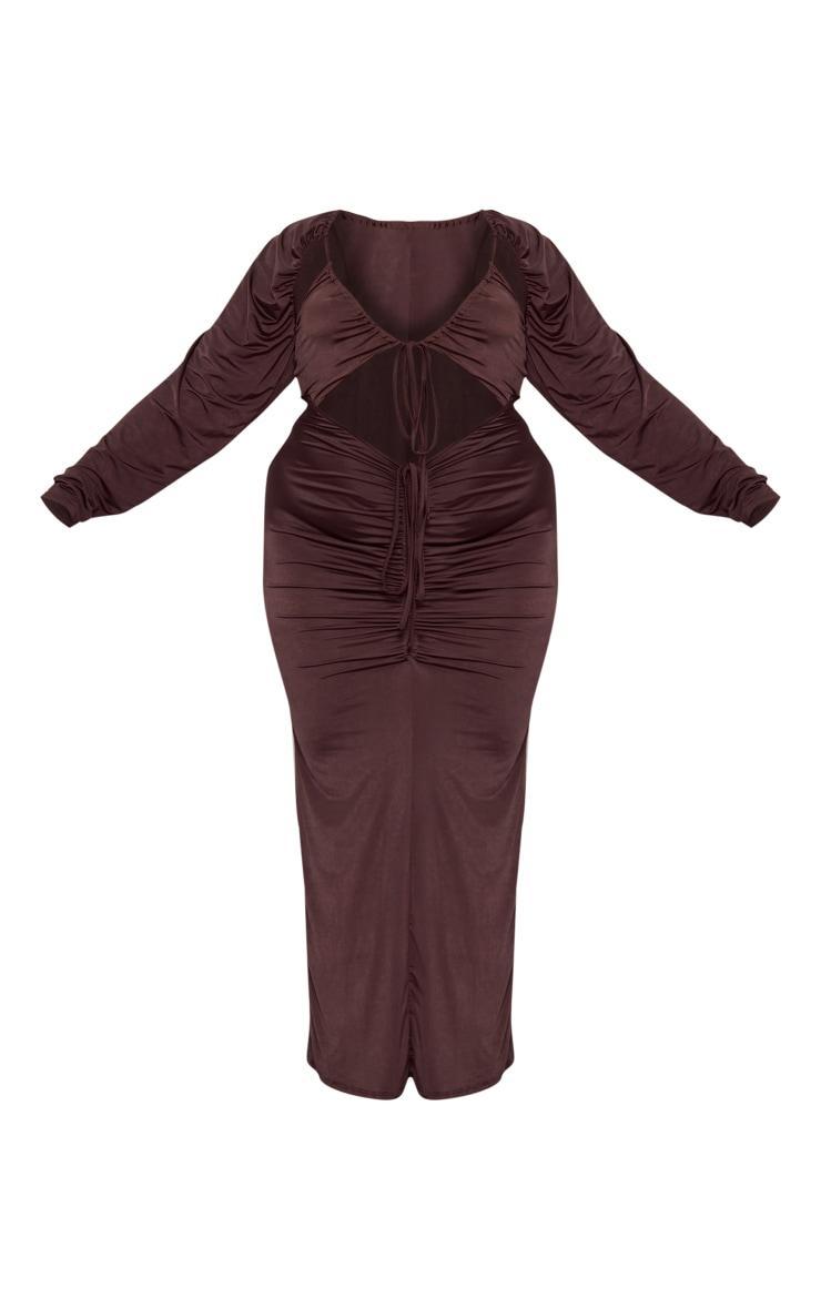 Plus Chocolate Slinky Cut Out Ruched Maxi Dress Product Image