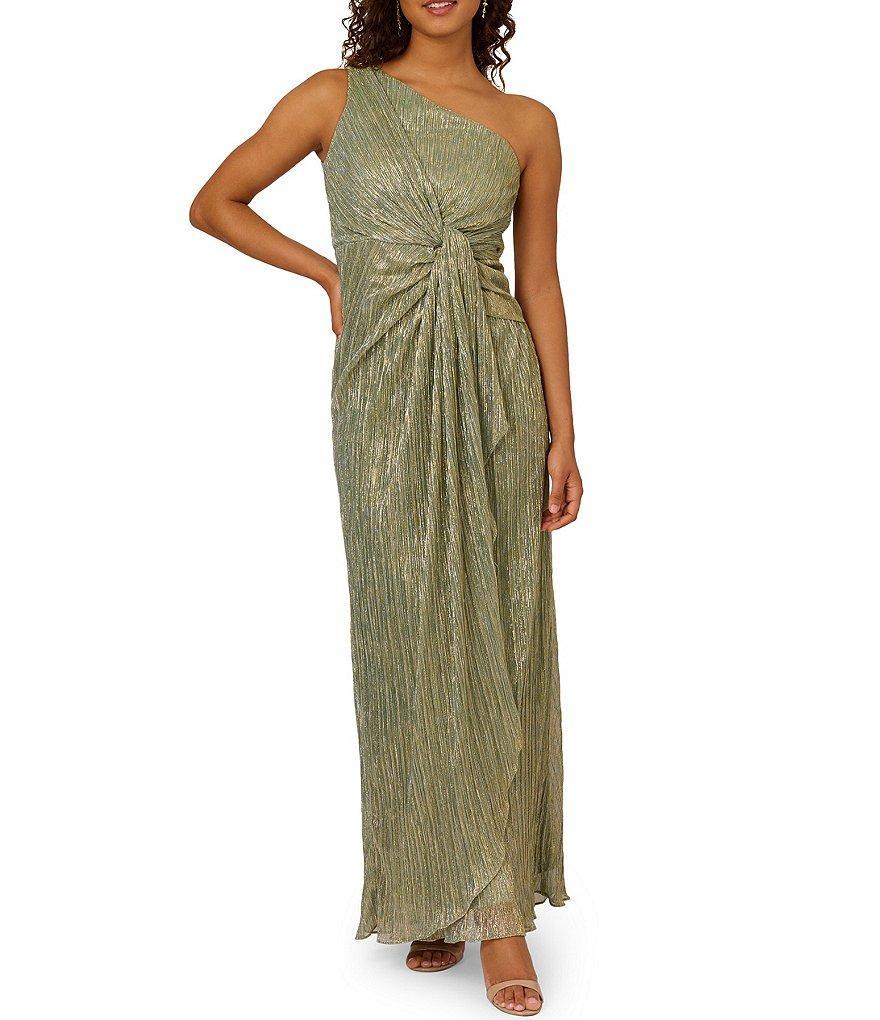 Adrianna Papell One Shoulder Metallic Knit Sleeveless Front Ruched Gown Product Image