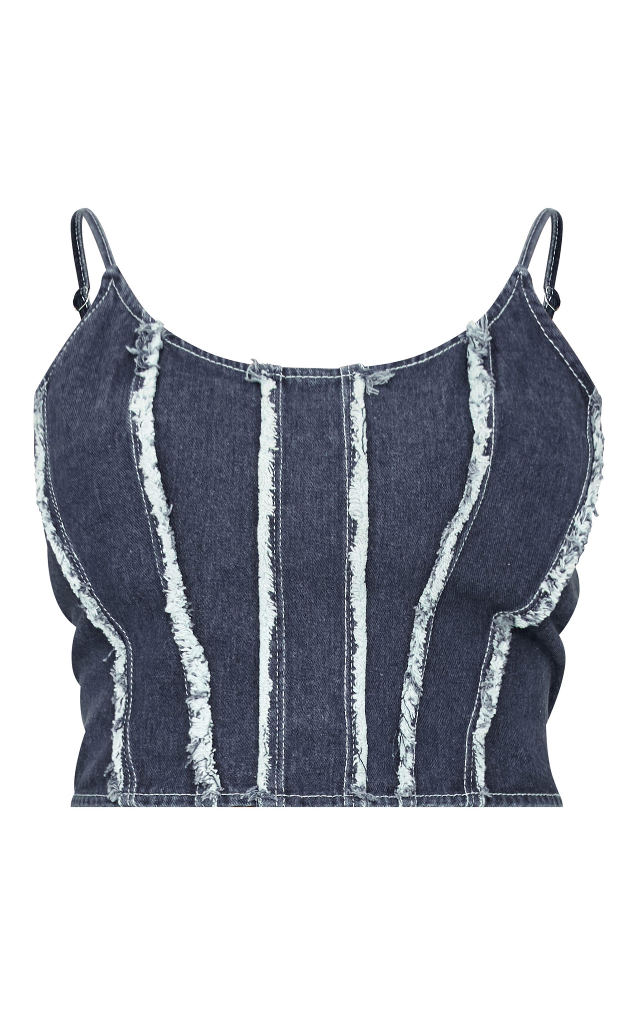 Plus Indigo Blue Wash Frayed Seam Detail Denim Corset Product Image