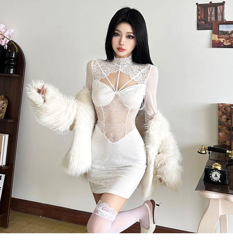 Long-Sleeve Cutout Lace Mini Bodycon Dress Product Image