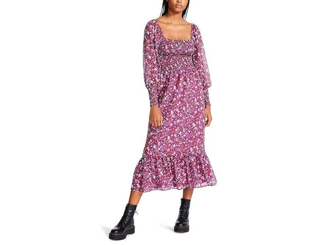 Betsey Johnson Wildflower Ditsy Smocked Printed Chiffon Midi (Magenta) Women's Clothing Product Image