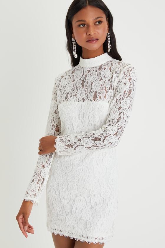 Coveted Beauty White Lace Mock Neck Bodycon Mini Dress Product Image