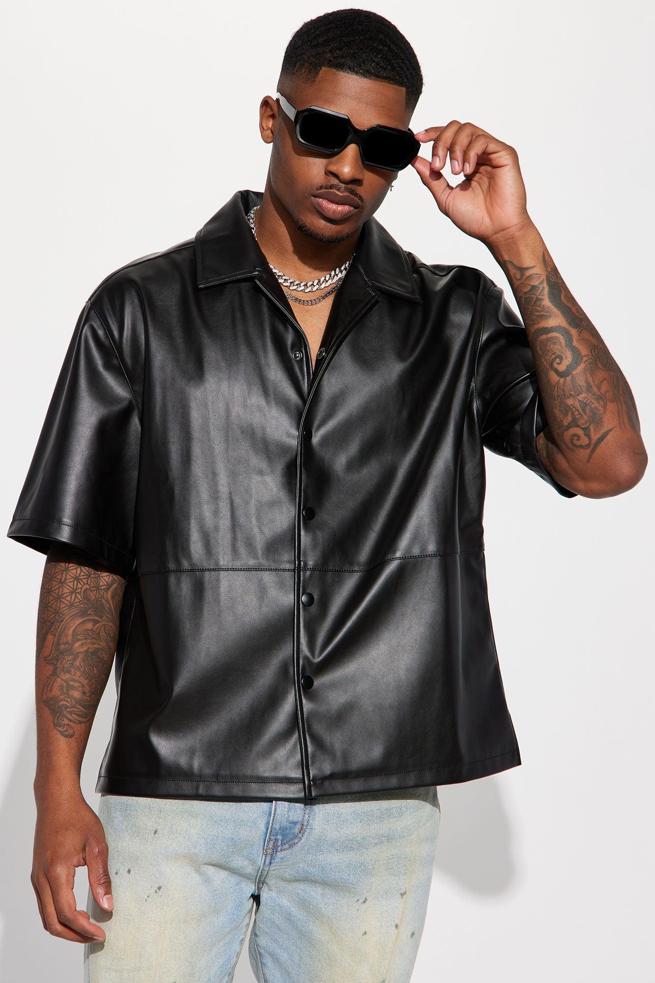 Slam Dunk Faux Leather Short Sleeve Button Up - Black Product Image