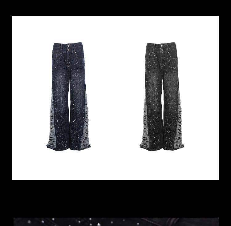 High Waist Washed Rhinestone Distressed Wide Leg Jeans product image