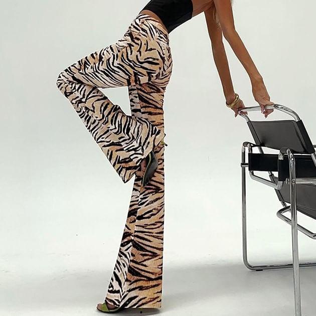 High Waist Tiger Print Flared Pants Product Image